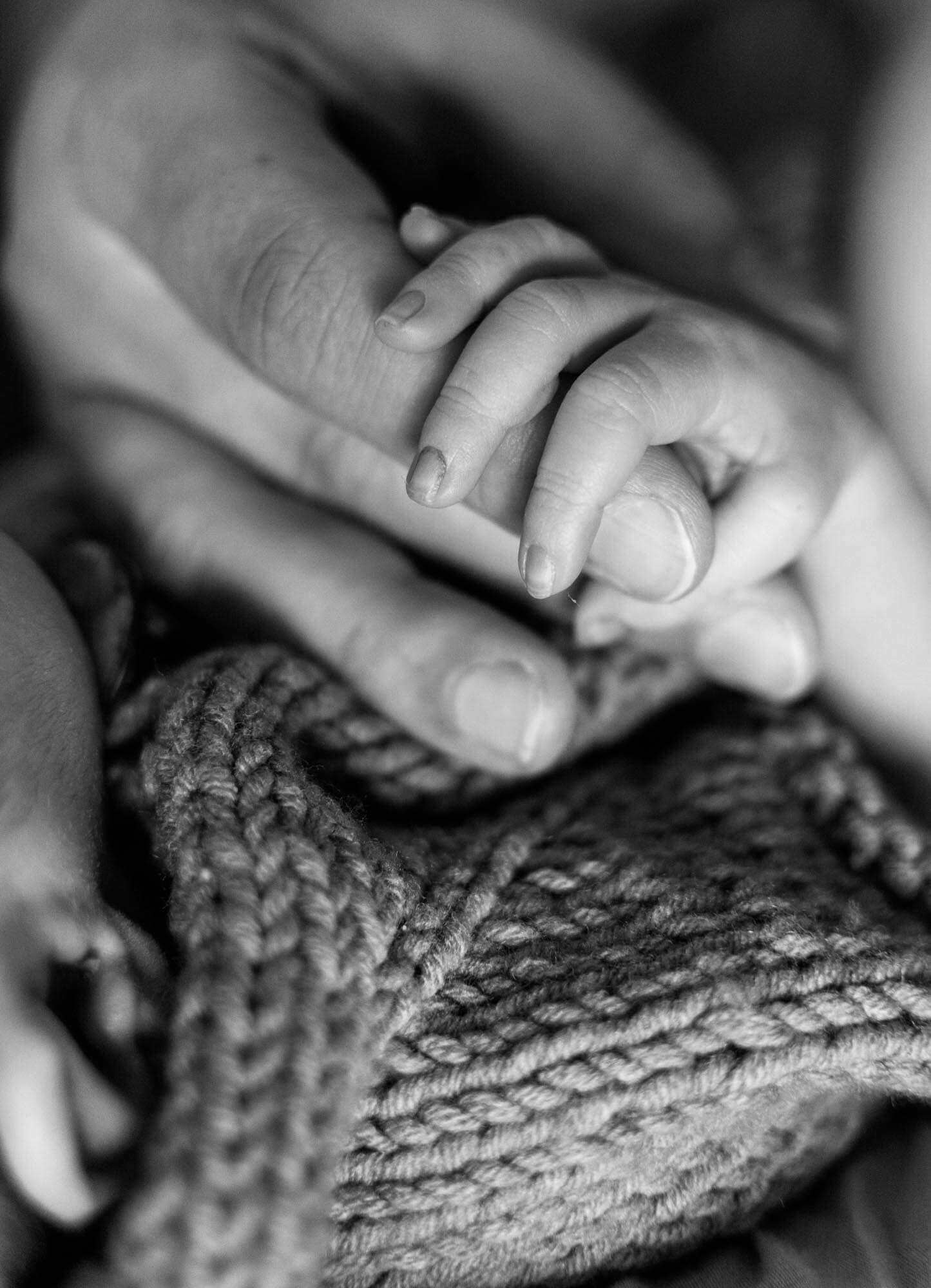 Detailaufnahme von Babyfingern - Baby greift nach den Fingern seiner Mama - Bild in schwarz weiß