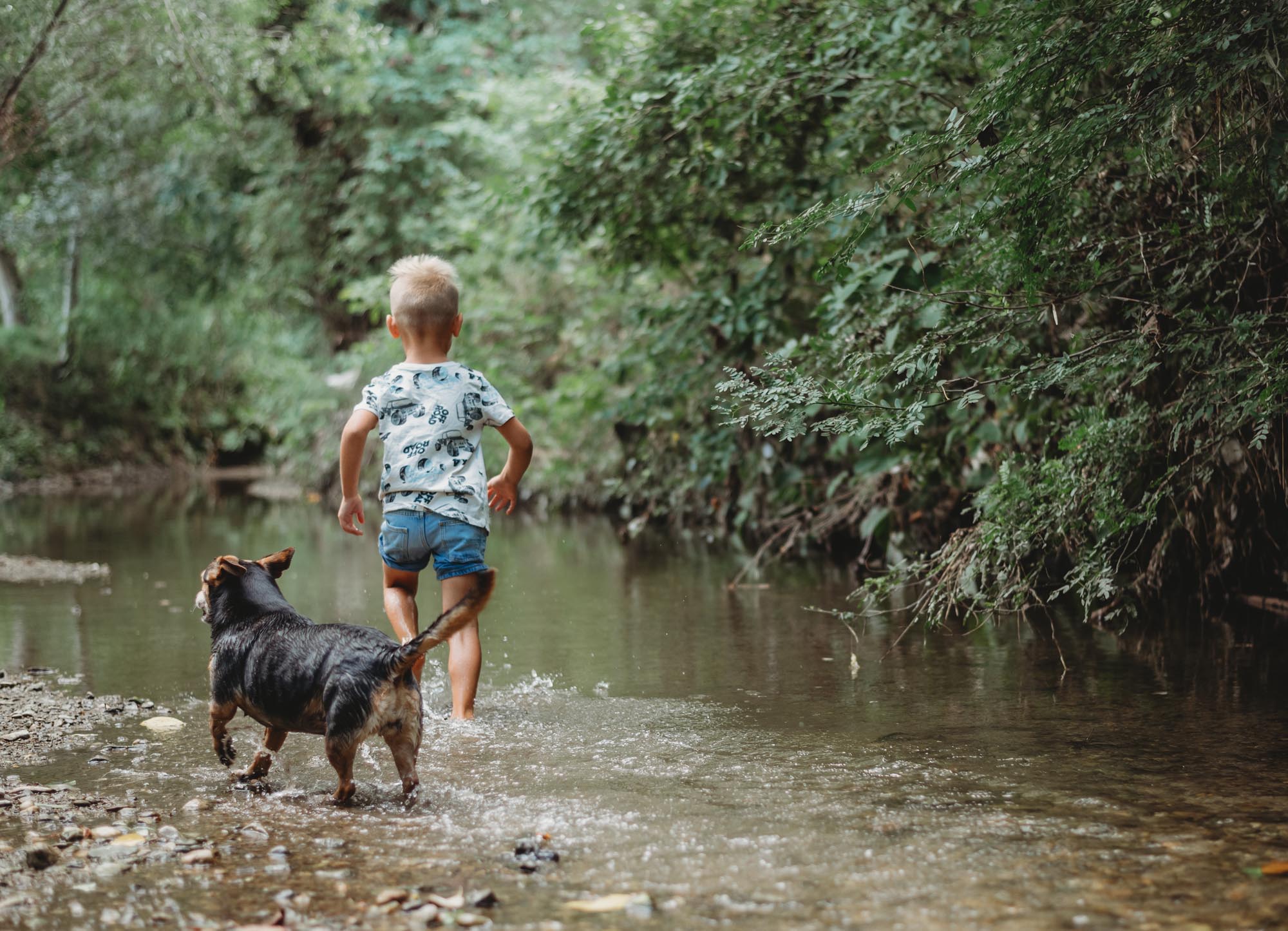 Familienreportage_Kind läuft mit Hund durchs Wasser