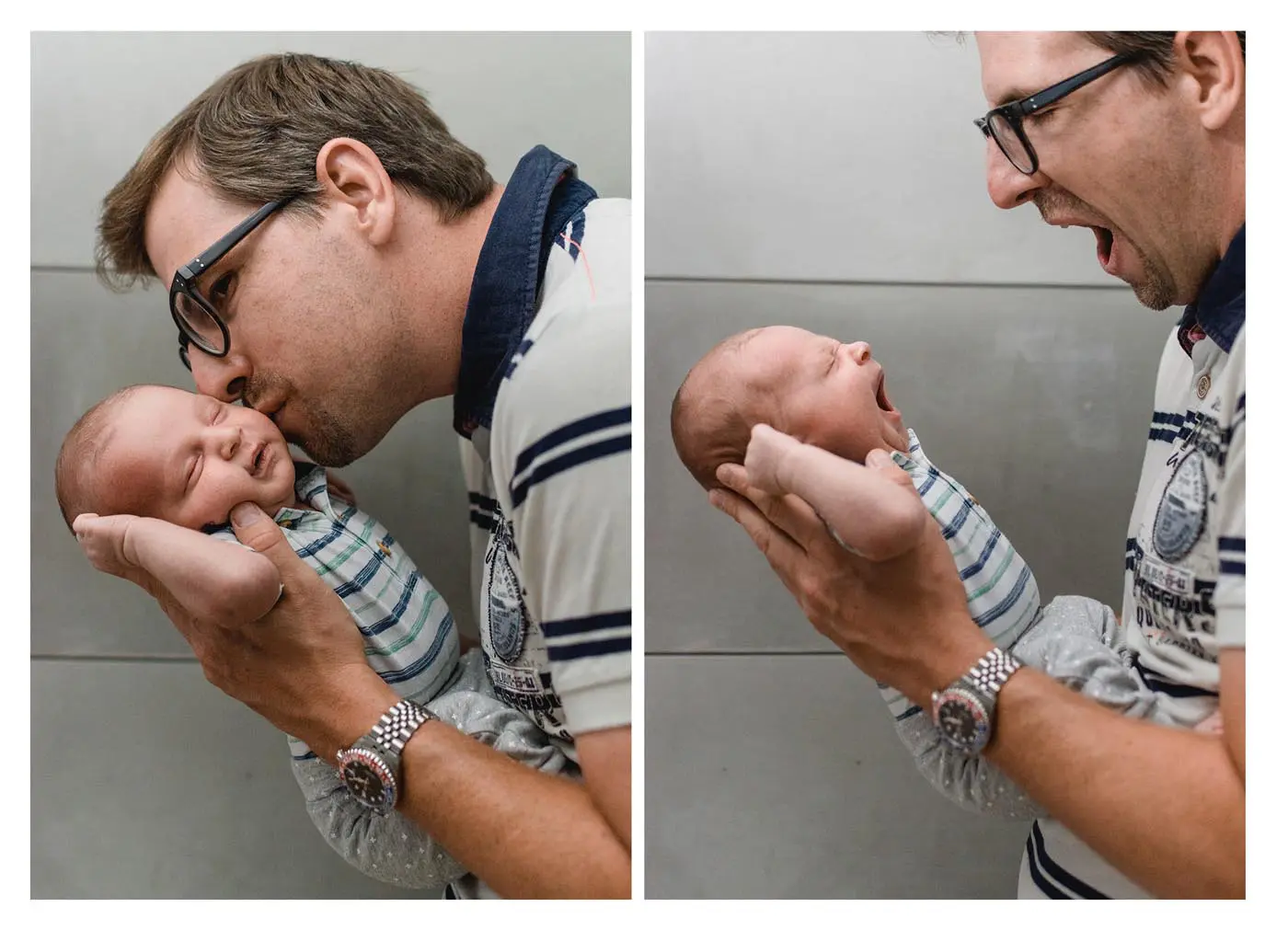 Collage von Papa mit gähnendem Baby am Arm